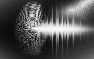 A black-and-white fingerprint that dissolves into a sound waveform.
