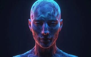 A digitally rendered human head glowing with blue and pink light against a dark background.