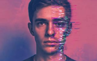 A man's face split by a glitch effect, half natural and half digitally distorted, on a purple background.