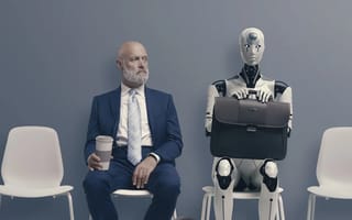A man in a suit and a humanoid robot sitting side by side on white chairs in an empty room.
