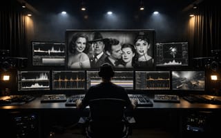An editor seen from behind at a large multi-screen post-production desk showing classic film faces.