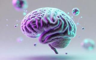 A glossy purple 3D brain floating among small bubbles on a pale background.