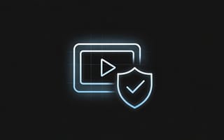 A glowing outline icon of a video screen with a shield and tick, on a dark background.