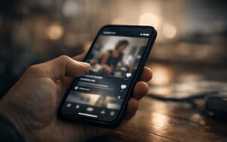 A hand holding a phone that is scrolling through a video feed, lit by warm light.