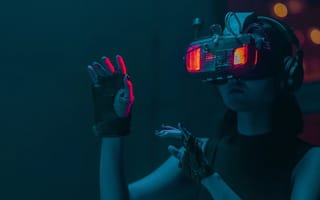 A person in a virtual-reality headset reaching out with gloved hands in a dim teal room.
