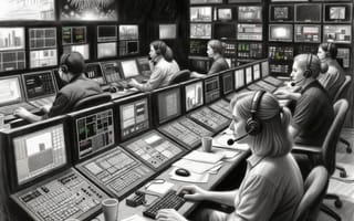 Black-and-white photo of a broadcast control room, with operators at desks below a wall of monitors.