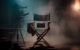 An empty director's chair beside a film camera in a dark, smoky studio.