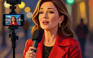 Illustration of a reporter in a red coat speaking into a microphone in front of a phone on a tripod in a city street at dusk.