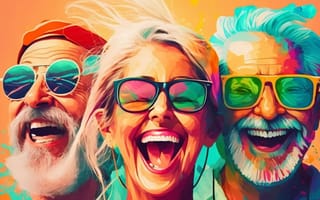 Illustration of three laughing older people in bright sunglasses against a colourful painted background.
