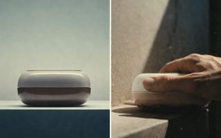 A smart speaker on a counter beside a hand resting on a soft cloth, split into two frames.