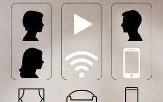 Simple icons comparing three listening rooms: cinema, living room and phone.