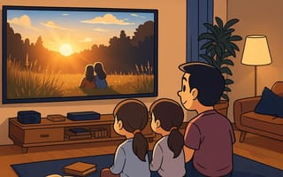 Cartoon of a family on a sofa watching a sunset film on a large living-room television.