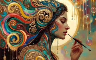 Painting of a woman with swirling, multicoloured hair holding a fine paintbrush.