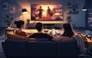 A family on a sofa in a dark living room, half watching the television and half looking at their phones.