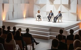 An audience watching a panel discussion on a stage set against a white geometric wall.