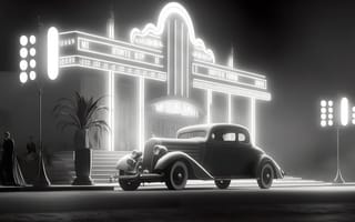 A vintage car outside an art deco cinema lit in neon at night, in black and white.