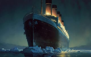 A huge ocean liner looming over icy water at night, its lights glowing.