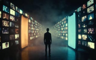 A figure standing in a long corridor lined with glowing screens of every size.