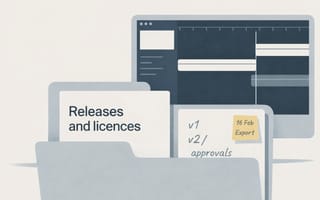 Illustrated folders labelled "Releases and licences" and a version list, in front of an editing screen.