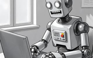 Black-and-white sketch of a robot typing at a laptop by a window.