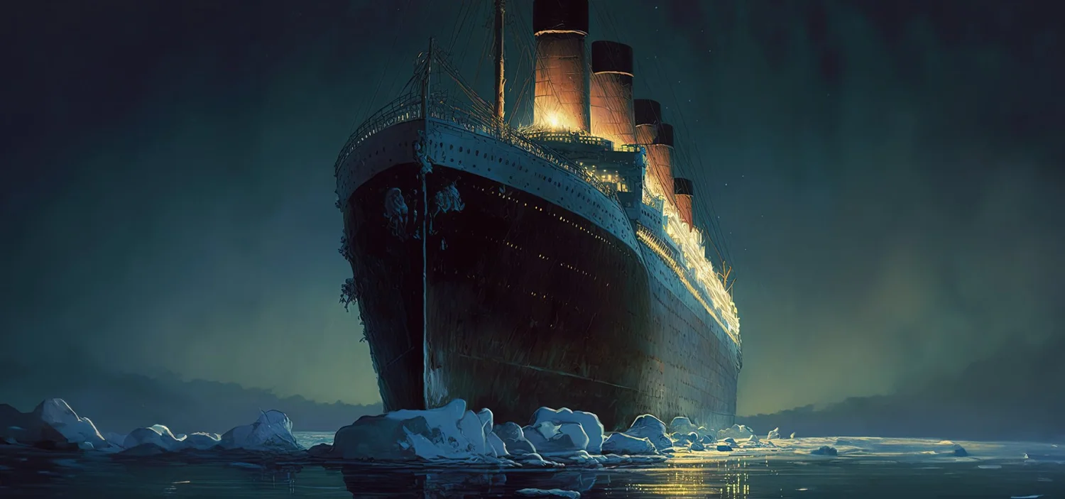 Illustration of the Titanic at night, its lights glowing above icy water and floating ice.