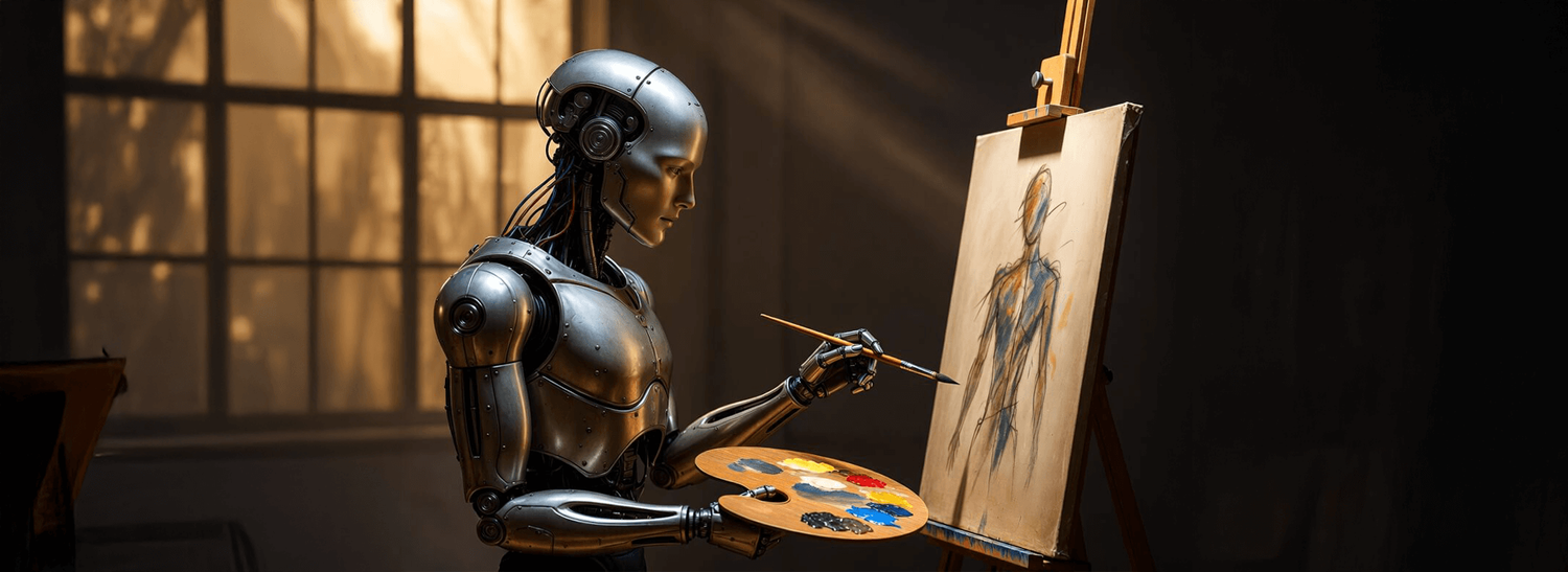 A humanoid robot with a palette painting a human figure on an easel in a dim studio.